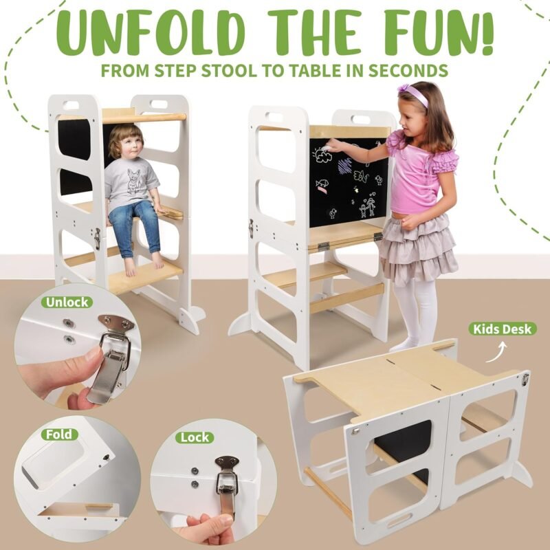 Toddler Learning Standing Tower with Whiteboard 2 in 1 Convertible Table and Chair